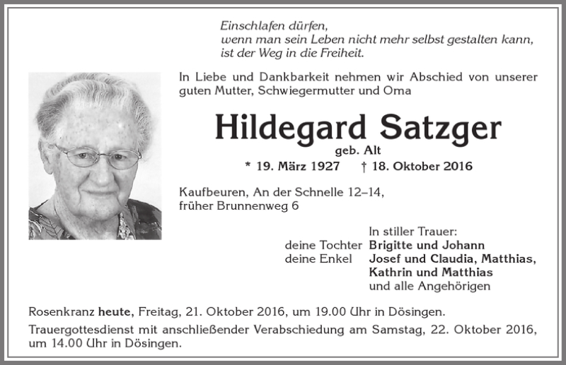 Traueranzeigen Von Hildegard Satzger Allg Uer Zeitung