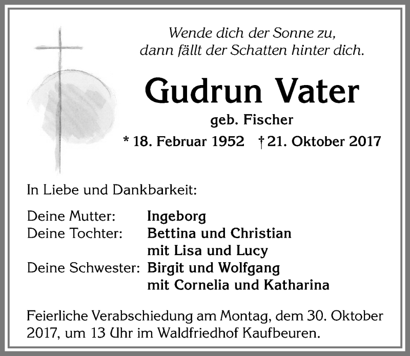 Traueranzeigen von Gudrun Vater Allgäuer Zeitung