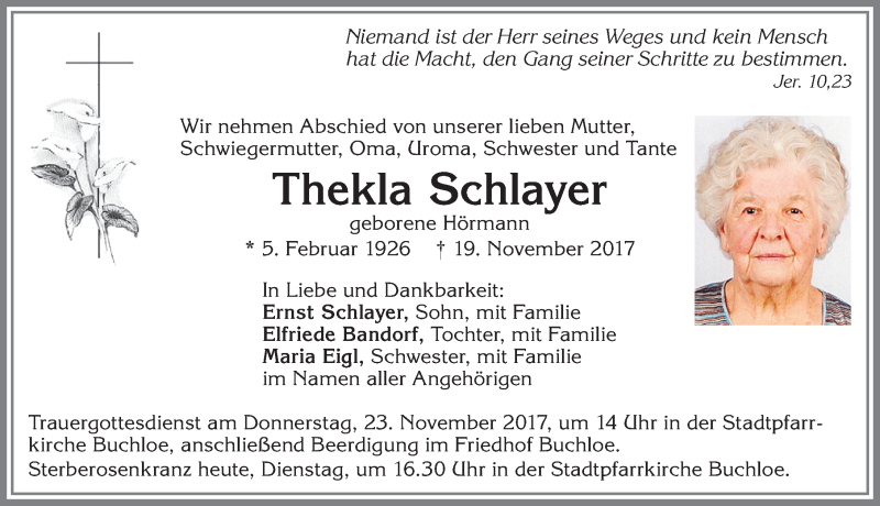 Traueranzeigen Von Thekla Schlayer Allg Uer Zeitung