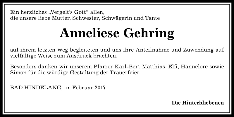 Traueranzeigen Von Anneliese Gehring Allg Uer Zeitung