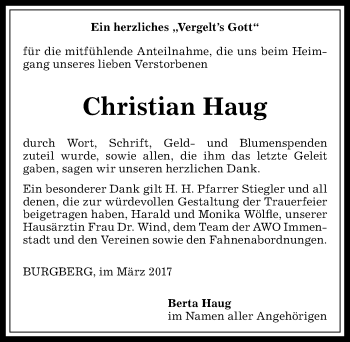 Traueranzeigen Von Christian Haug Allg Uer Zeitung