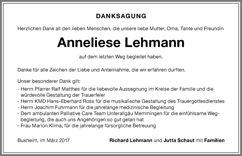 Traueranzeigen von Anneliese Lehmann Allgäuer Zeitung