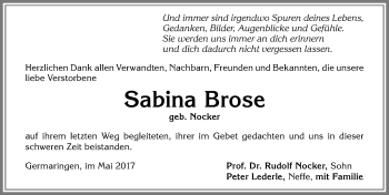 Traueranzeige von Sabina Brose von Allgäuer Zeitung, Kaufbeuren/Buchloe