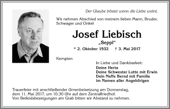Traueranzeige von Josef Liebisch von Allgäuer Zeitung,Kempten
