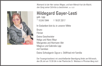 Traueranzeigen von Hildegard Gayer Lesti Allgäuer Zeitung