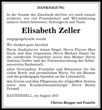 Traueranzeigen Von Elisabeth Zeller Allg Uer Zeitung