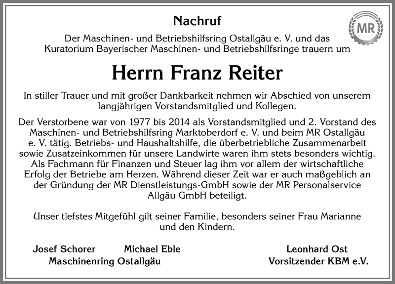 Traueranzeigen Von Franz Reiter Allg Uer Zeitung