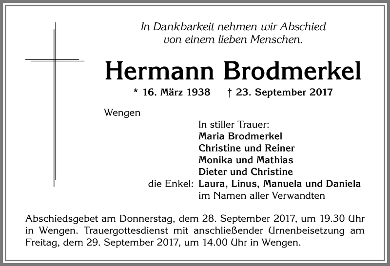 Traueranzeigen Von Hermann Brodmerkel Allg Uer Zeitung