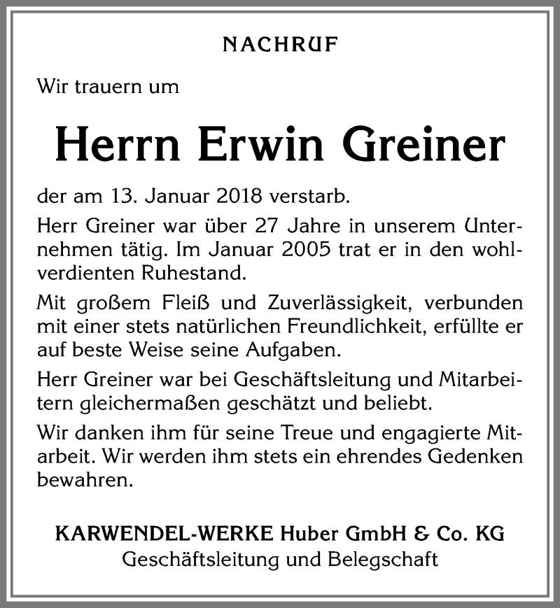 Traueranzeigen von Erwin Greiner Allgäuer Zeitung