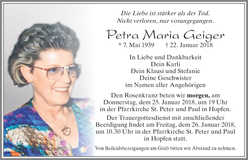 Traueranzeigen von Petra Maria Geiger Allgäuer Zeitung