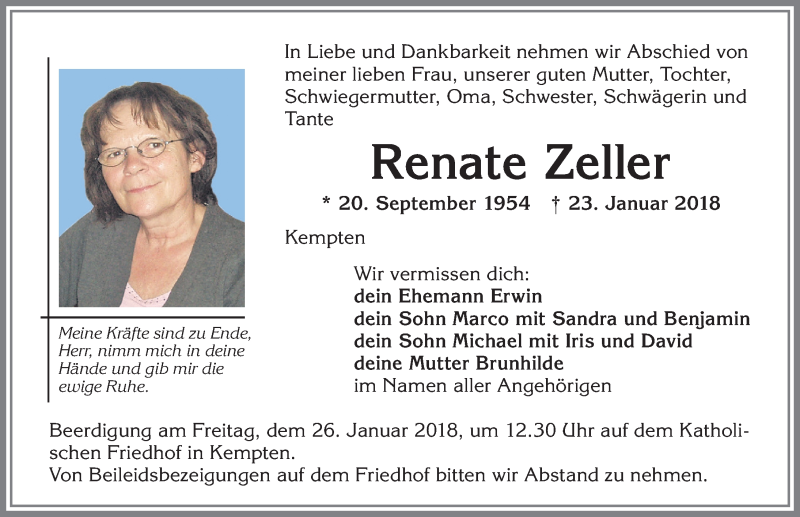 Traueranzeigen Von Renate Zeller Allg Uer Zeitung