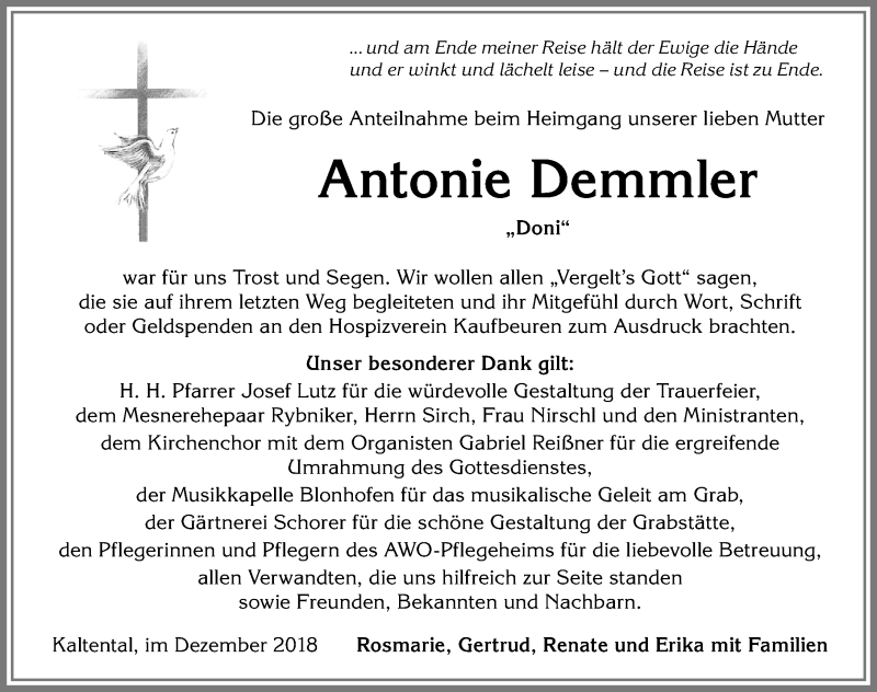 Traueranzeigen Von Antonie Demmler Allg Uer Zeitung