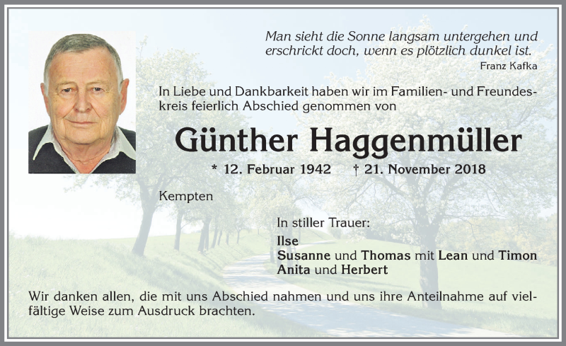 Traueranzeigen von Günther Haggenmüller Allgäuer Zeitung