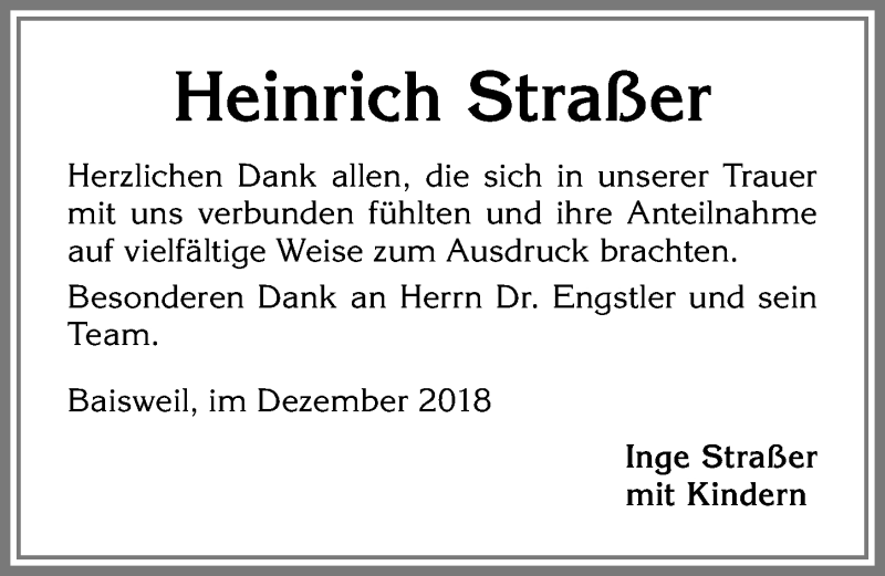 Traueranzeigen von Heinrich Straßer Allgäuer Zeitung