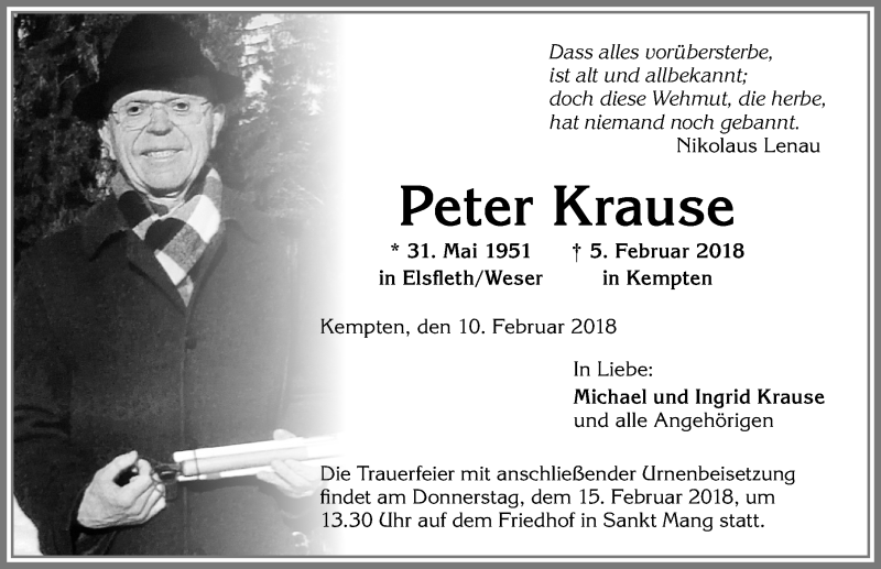 Traueranzeigen Von Peter Krause Allg Uer Zeitung