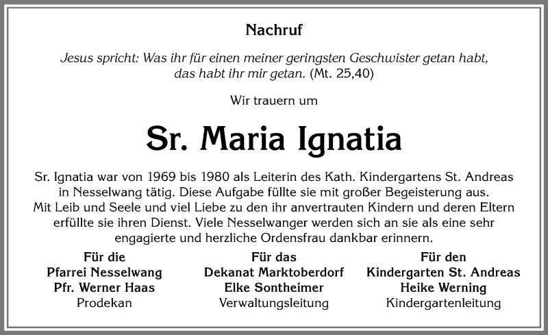 Traueranzeigen von Sr Maria Ignatia Allgäuer Zeitung