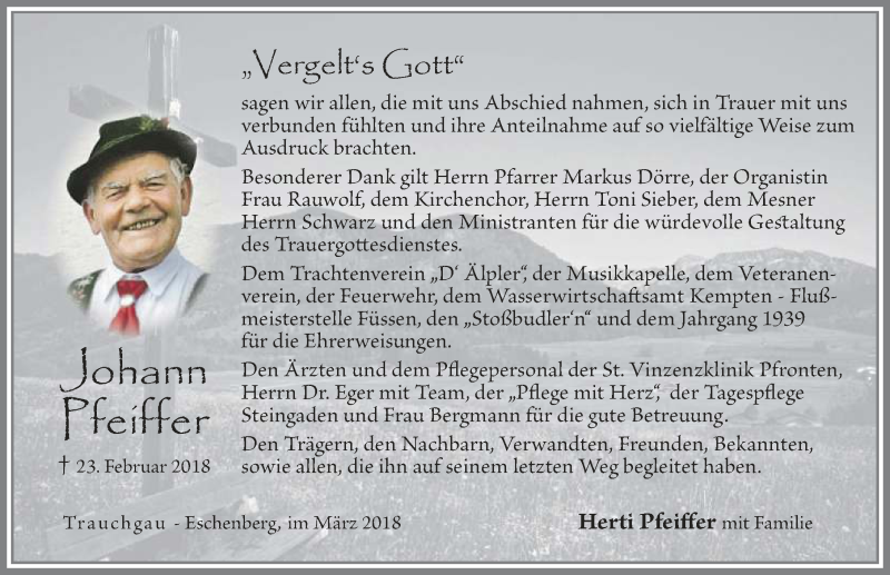 Traueranzeigen von Johann Pfeiffer Allgäuer Zeitung