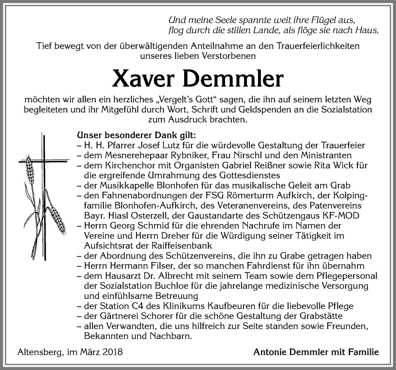 Traueranzeigen Von Xaver Demmler Allg Uer Zeitung