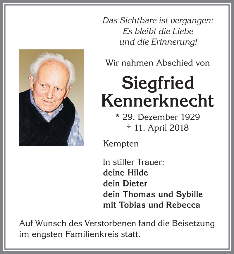 Traueranzeigen von Siegfried Kennerknecht Allgäuer Zeitung