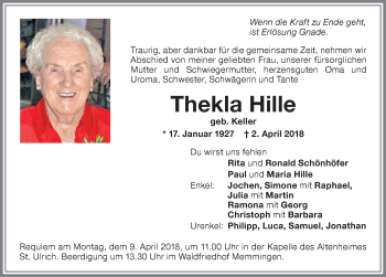 Traueranzeigen von Thekla Hille Allgäuer Zeitung