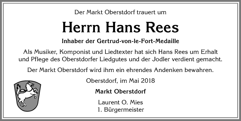 Traueranzeigen Von Hans Rees Allg Uer Zeitung