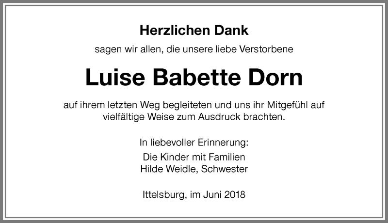 Traueranzeigen Von Luise Babette Dorn Allg Uer Zeitung