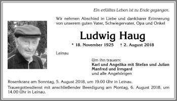 Traueranzeigen von Ludwig Haug Allgäuer Zeitung