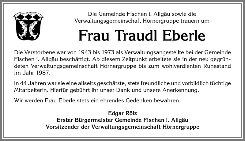 Traueranzeigen von Traudl Eberle Allgäuer Zeitung