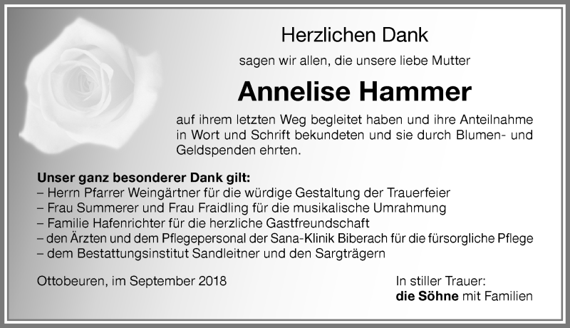 Traueranzeigen von Annelise Hammer Allgäuer Zeitung