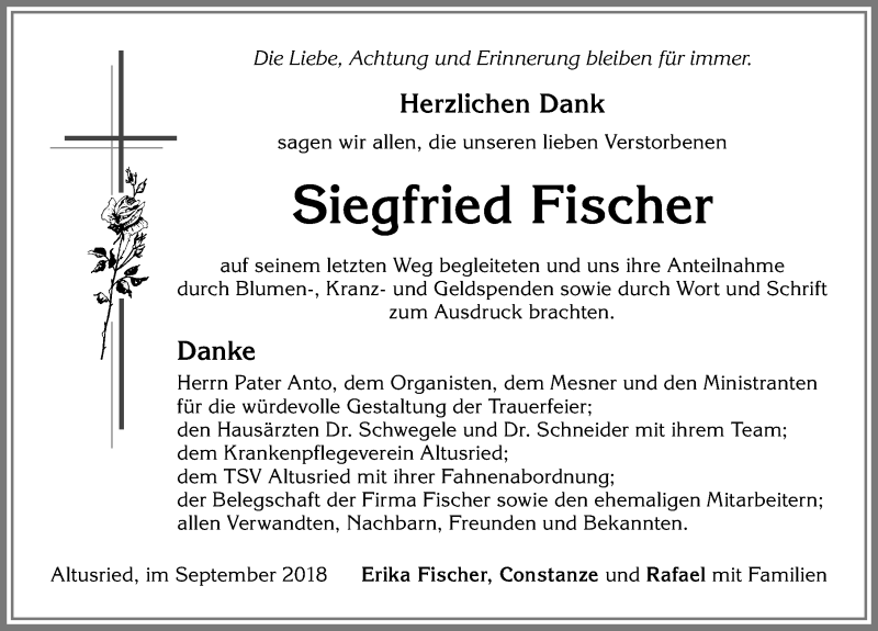 Traueranzeigen Von Siegfried Fischer Allg Uer Zeitung