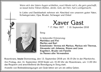 Traueranzeigen Von Xaver Gast Allg Uer Zeitung