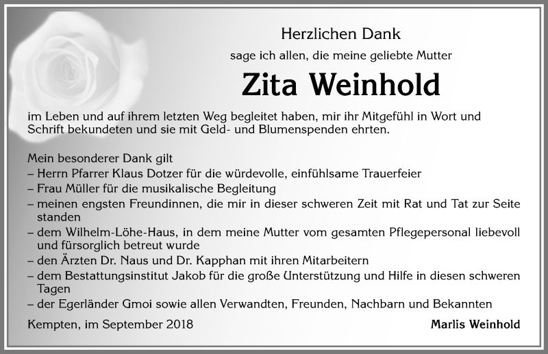 Traueranzeigen von Zita Weinhold Allgäuer Zeitung