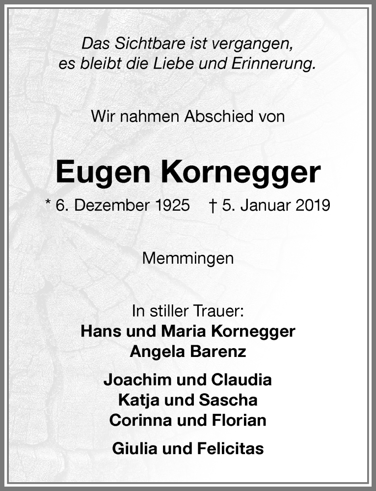 Traueranzeigen von Eugen Kornegger Allgäuer Zeitung