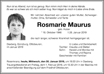 Traueranzeigen Von Rosmarie Maurus Allg Uer Zeitung