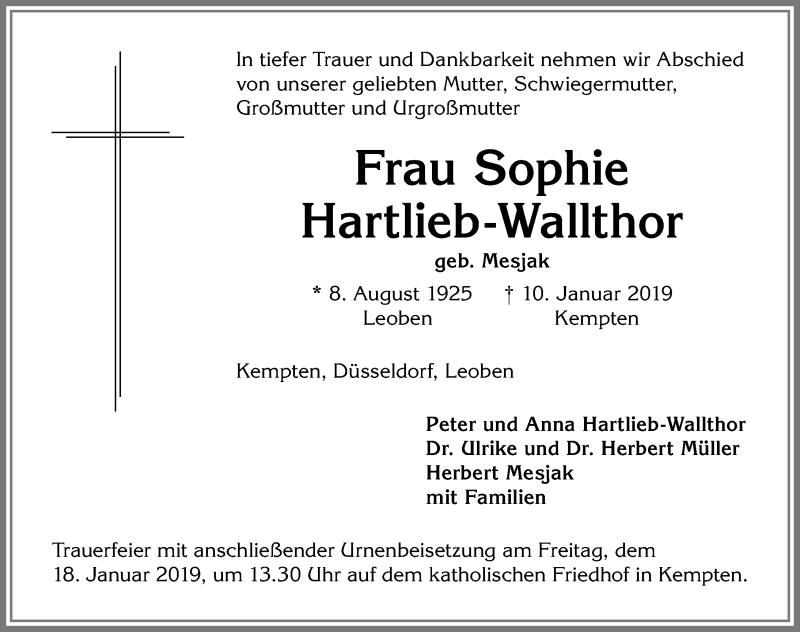 Traueranzeigen Von Sophie Hartlieb Wallthor Allg Uer Zeitung