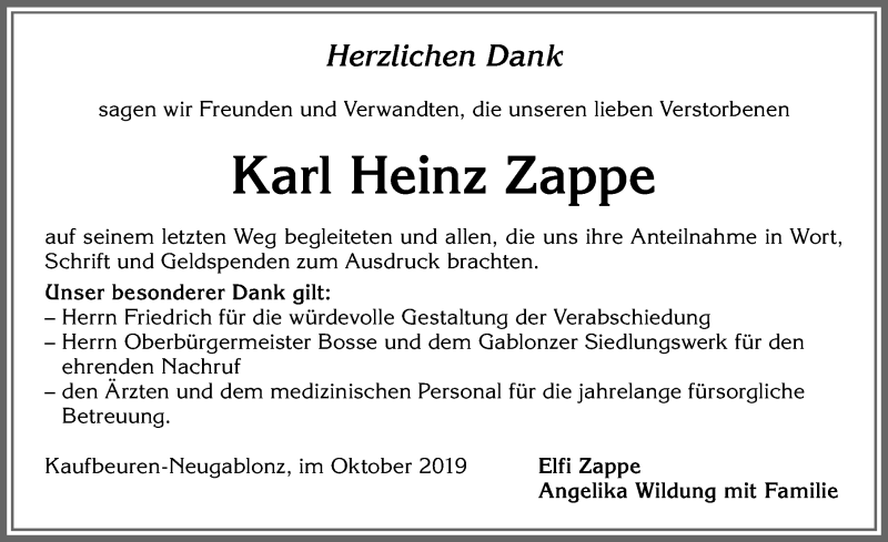 Traueranzeigen Von Karl Heinz Zappe Allg Uer Zeitung