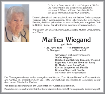 Traueranzeigen von Marlies Wiegand Allgäuer Zeitung