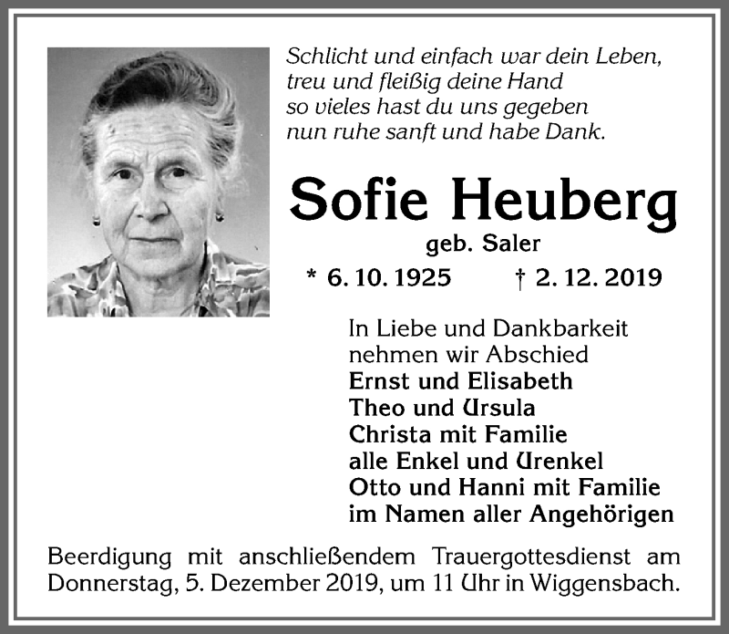 Traueranzeigen Von Sofie Heuberg Allg Uer Zeitung