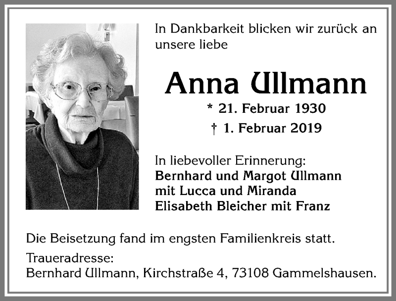 Traueranzeigen von Anna Ullmann Allgäuer Zeitung