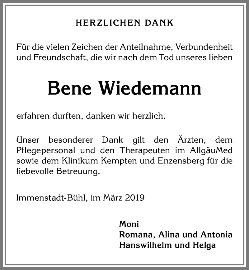 Traueranzeigen von Bene Wiedemann Allgäuer Zeitung