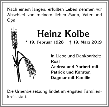 Traueranzeigen Von Heinz Kolbe Allg Uer Zeitung