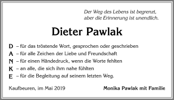 Traueranzeige von Dieter Pawlak von Allgäuer Zeitung, Kaufbeuren/Buchloe