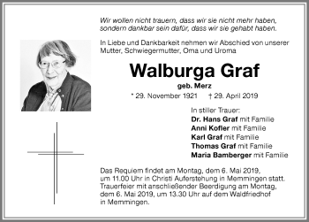 Traueranzeigen Von Walburga Graf Allg Uer Zeitung