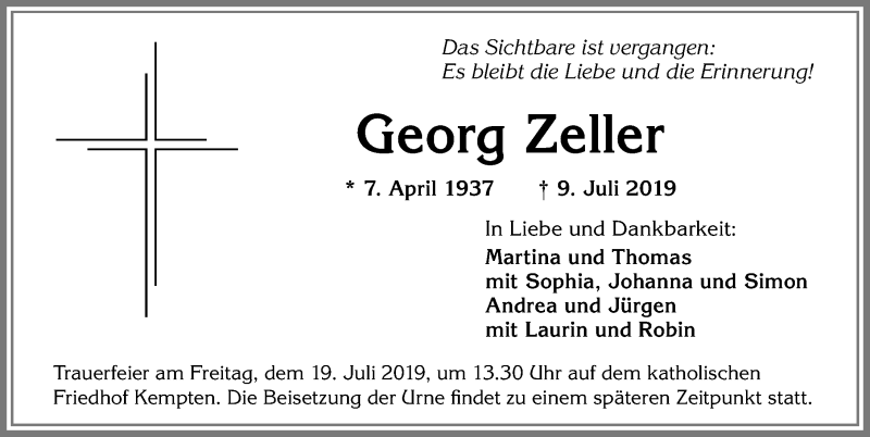 Traueranzeigen Von Georg Zeller Allg Uer Zeitung