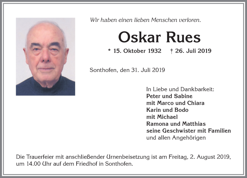 Traueranzeigen Von Oskar Rues Allg Uer Zeitung