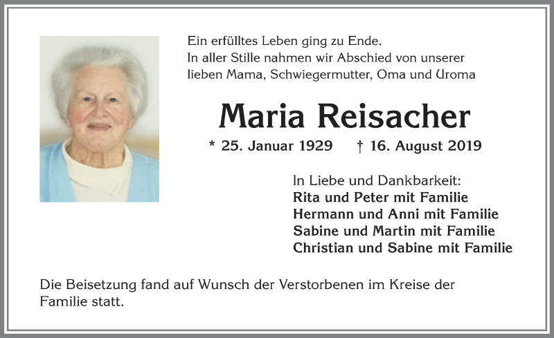 Traueranzeigen von Maria Reisacher Allgäuer Zeitung