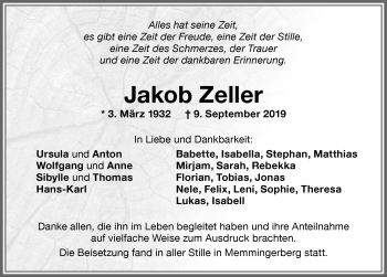 Traueranzeigen Von Jakob Zeller Allg Uer Zeitung