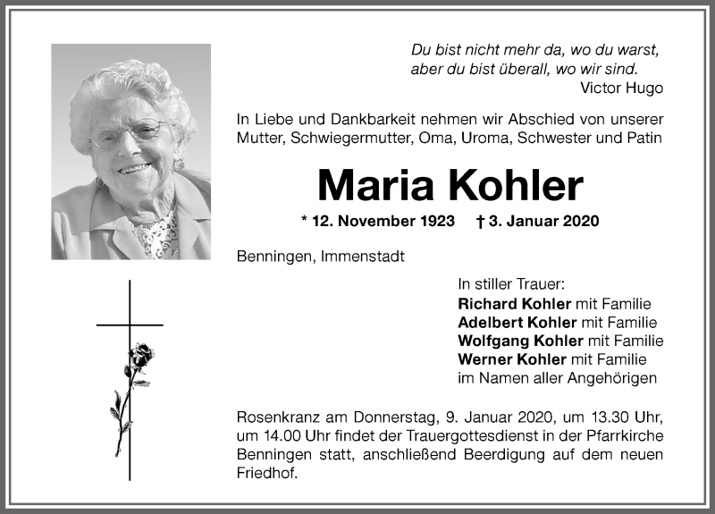 Traueranzeigen Von Maria Kohler Allg Uer Zeitung