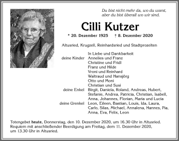 Traueranzeigen von Cilli Kutzer Allgäuer Zeitung