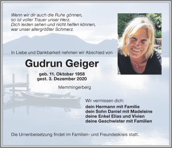 Traueranzeigen von Gudrun Geiger Allgäuer Zeitung